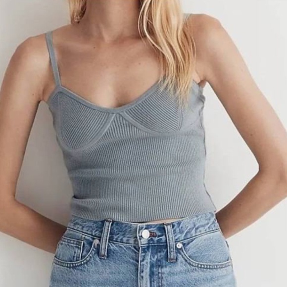 NWT Madewell Grey/Blue Corset Cropped Spaghetti Strap Sweater Tank SZ M … - Picture 1 of 12